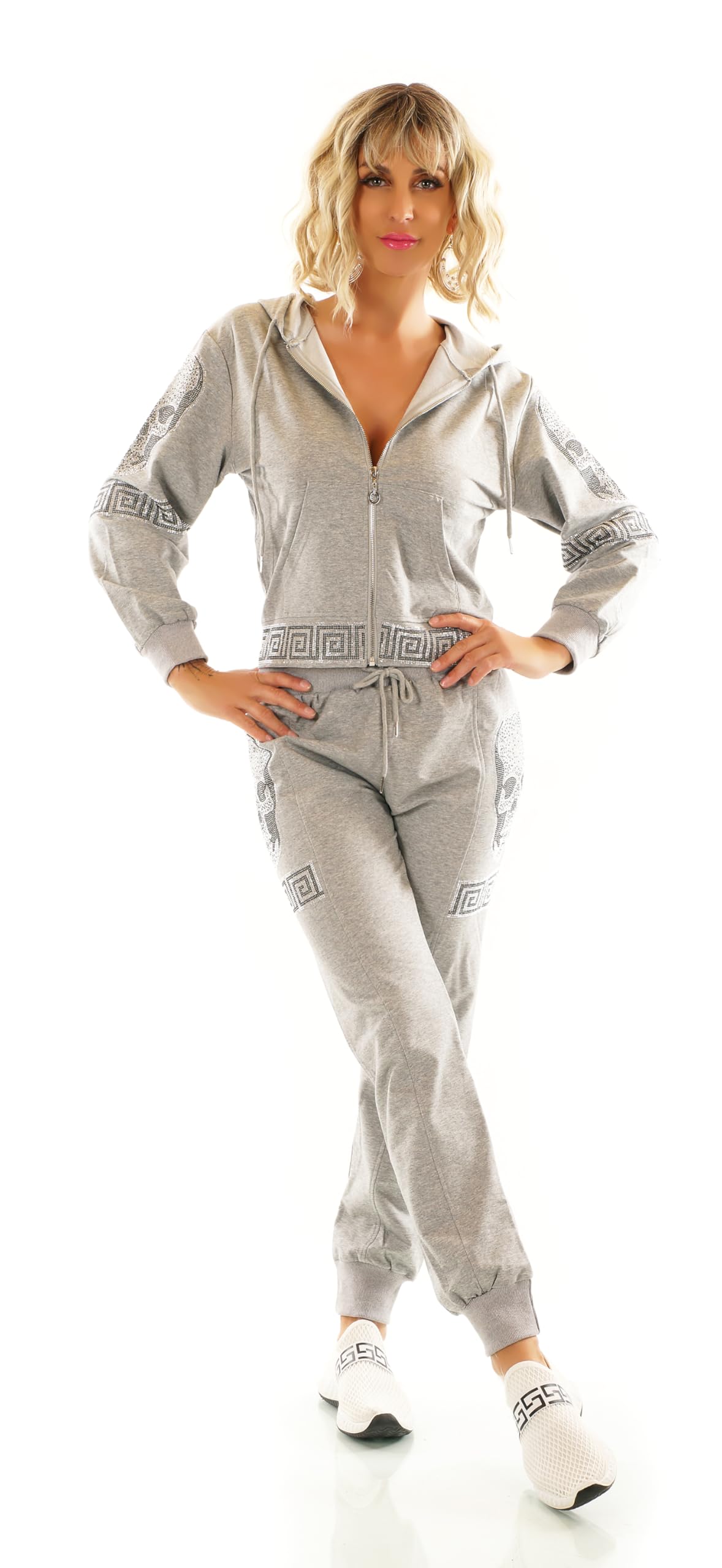 Damen Jogginganzug 2-Teiler Sport Fitness Freizeit Jacke und Hose Strass Nieten Skull Kapuze