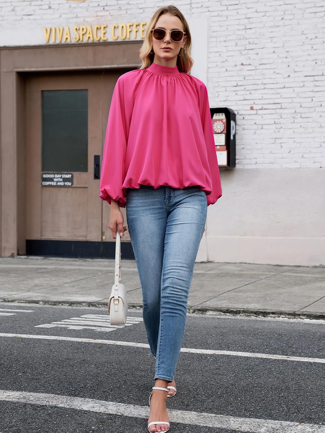 Womens Mock Neck Pleated Blouse Open Back Bow Tie Long Puff Sleeve Loose Fit Casual Shirt Cute Tops Fall - Image 6