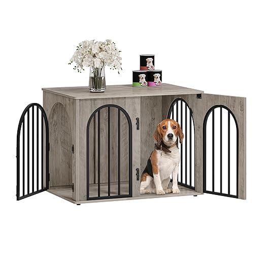 31.5'' Wooden Dog Crate Furniture, Indoor Dog Kennel Dogs Cage for Small/Medium Dogs, Heavy Duty Dog Crates Decorative Pet House End Side Table TV Stand, Black DFC85104B