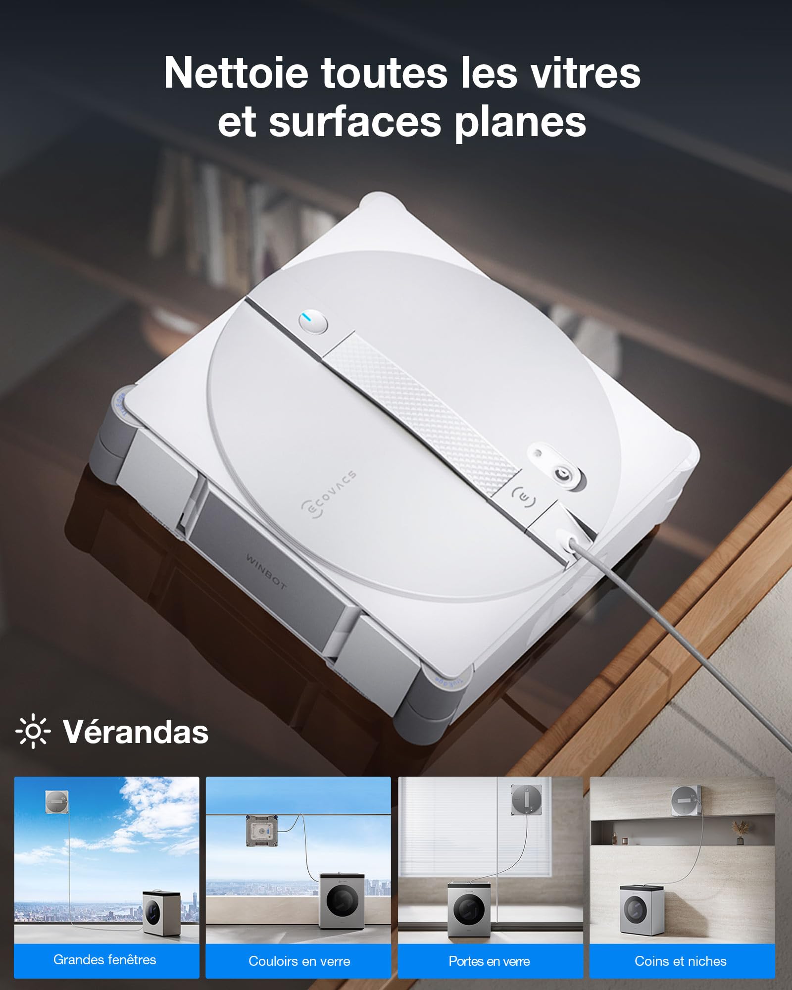 ECOVACS WINBOT W3 OMNI Robot Nettoyeur de Vitres avec Station, Lavage Automatique des Tampons, Nettoyage Intelligent Jusqu’aux Bords, Pulvérisation à 3 Jets, Contrôle via Application