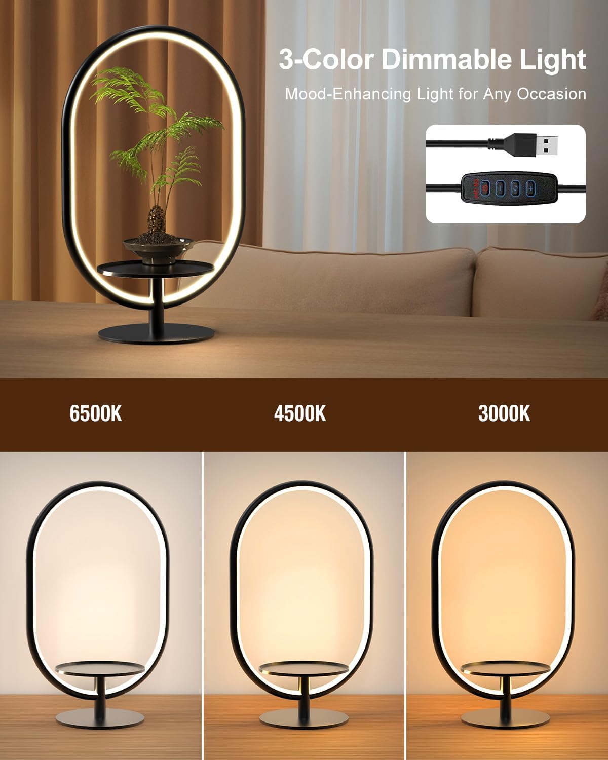 Modern Table Lamp for Bedroom, Nightstand Lamp with Storage Tray, 3 Color Temperatures 10 Way Dimmable, Bedside Lamp for Makeup/Streaming/Plants, LED Desk Lamp for Living Room Office Home Decor