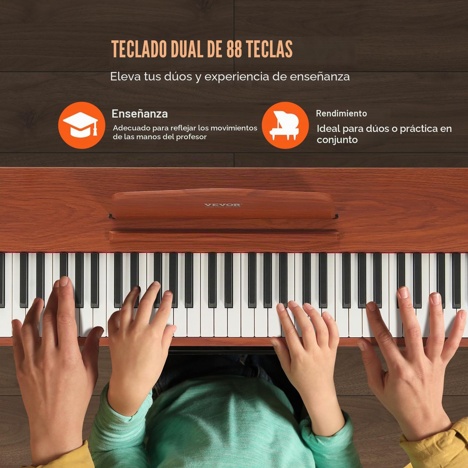 VEVOR Piano Digital Ponderado 88 Teclas Totalmente Ponderadas, Piano Eléctrico con Teclado Doble, Altavoces, Soporte de 4 Patas, Auriculares, 200 Tonos y Ritmos, Compatible con Bluetooth/USB/MIDI