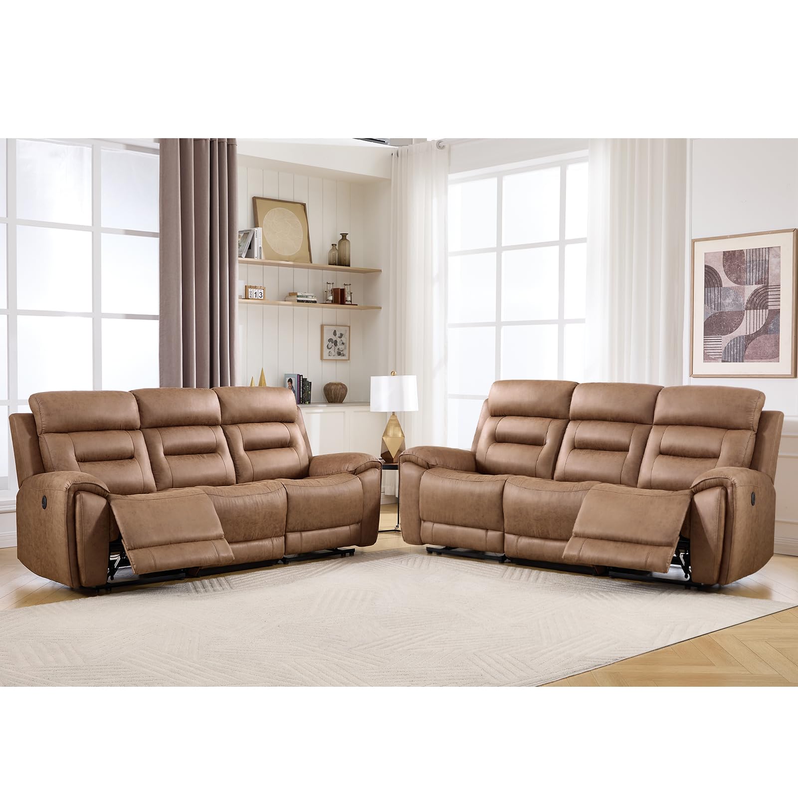 ANJ Power Oversized Reclining Sofa Couch Set of 2, Breathable Faux Leather 3-Seater Electric Recliner Couches with USB&amp;Type-C Charging Ports for Living Room, Brown