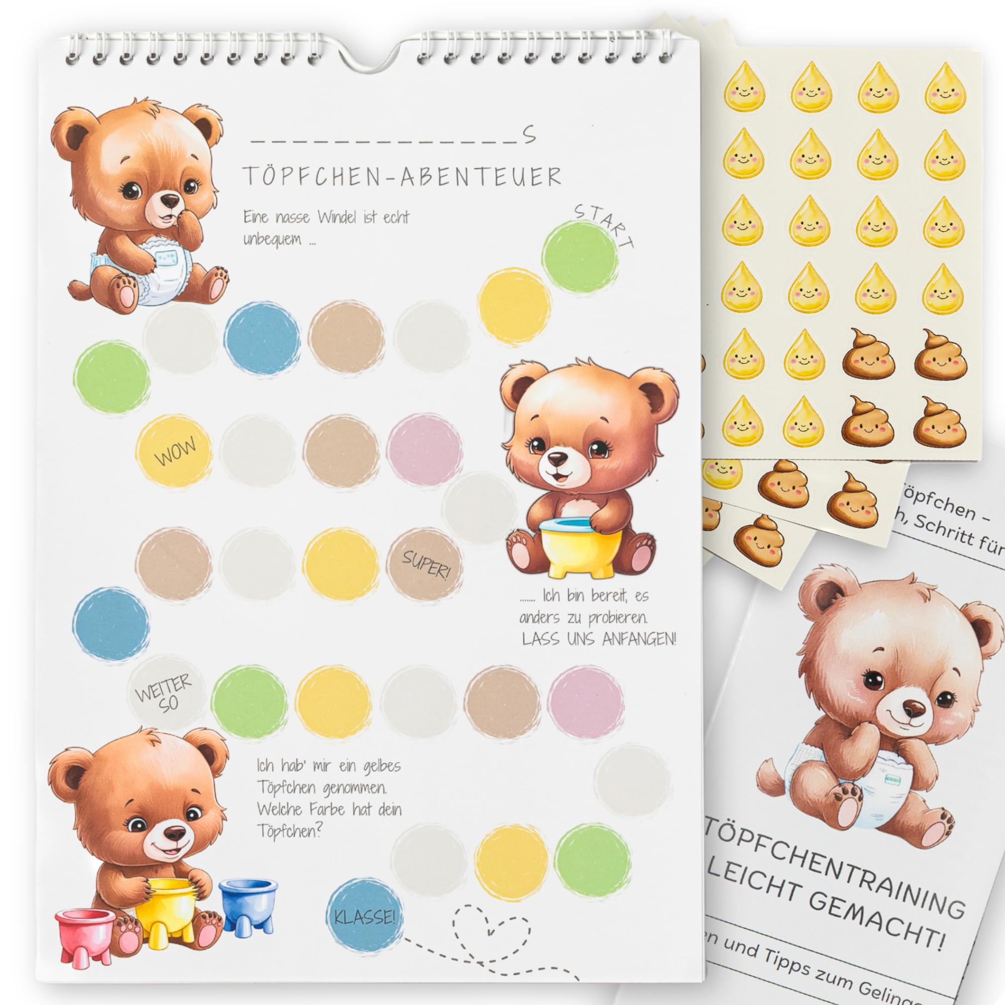 Töpfchen Training Belohnungstafel ab 2 Jahren – personalisierbarer Kalender & Plan mit Stickern, Elternratgeber & Haken – Toilettentraining Kinder, Trocken werden & Windelfrei System