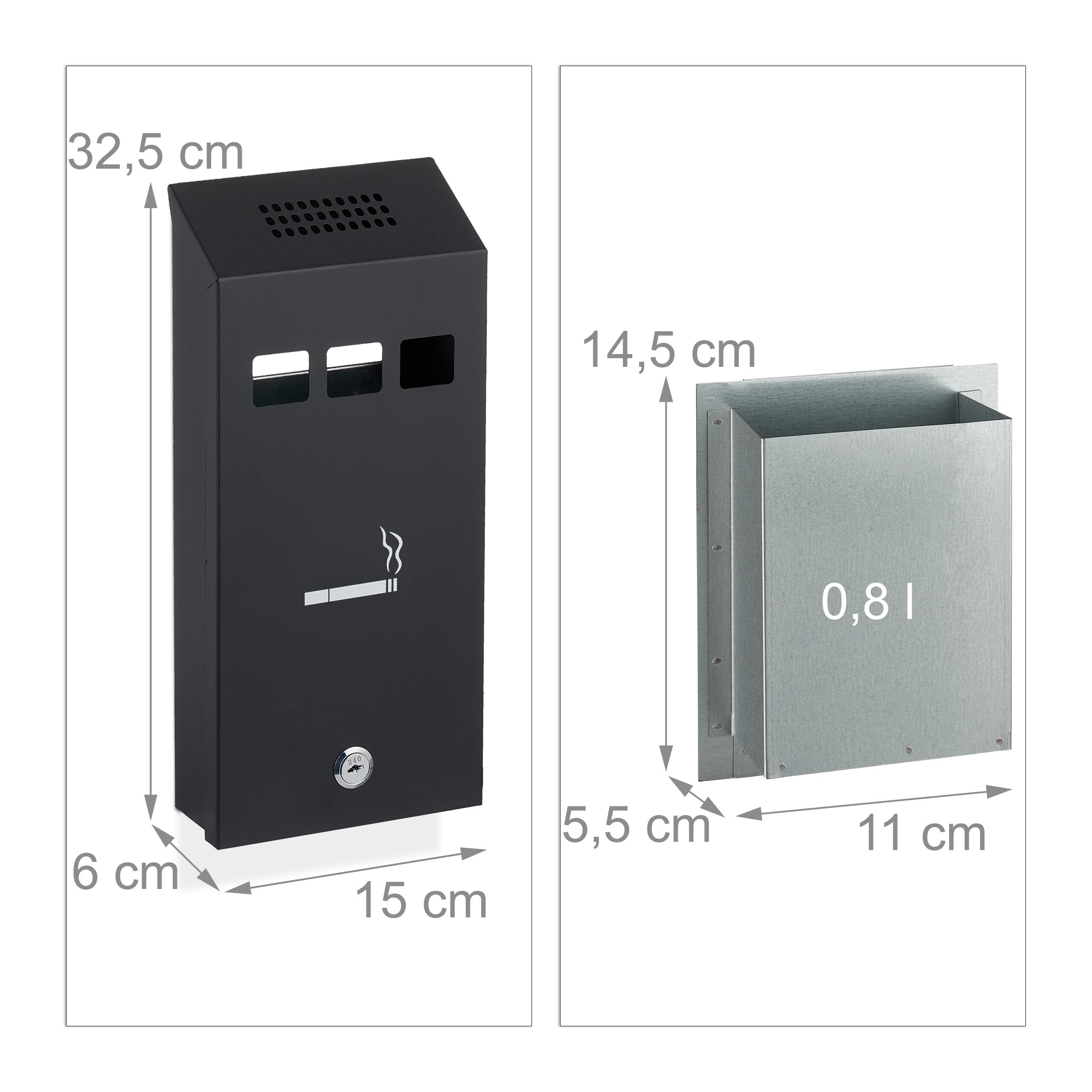Relaxdays Posacenere da Muro per Esterno, Ceneriera con Chiave, Contenitore Interno Rimovibile, 32,5 x 15 x 6 cm, Nero