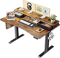 Veken 47.2x27.6 Inch Adjustable Height Standing Desk with Drawers, Monitor Riser - Ergonomic Home Office Brown