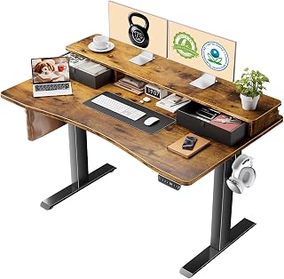 Veken 47.2x27.6 Inch Adjustable Height Standing Desk with Drawers, Monitor Riser - Ergonomic Home Office Brown