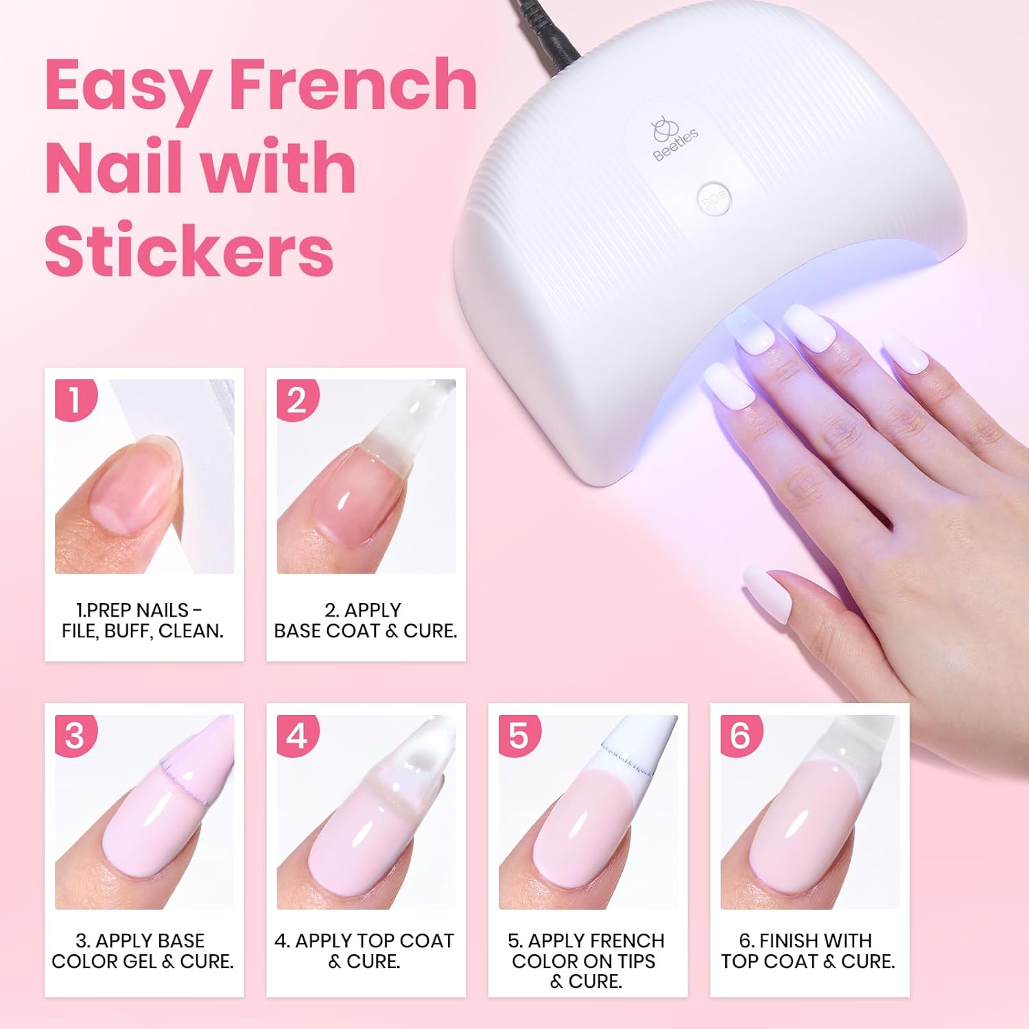 Beetles Pastel Gel Polish Set - Petal Ivory, 4Pcs White & Pink Gel Nail Polish with Base Coat Top Coat, Soak Off UV LED Lamp French Nails Art for Spring Nails Complete for Beginner & Professional