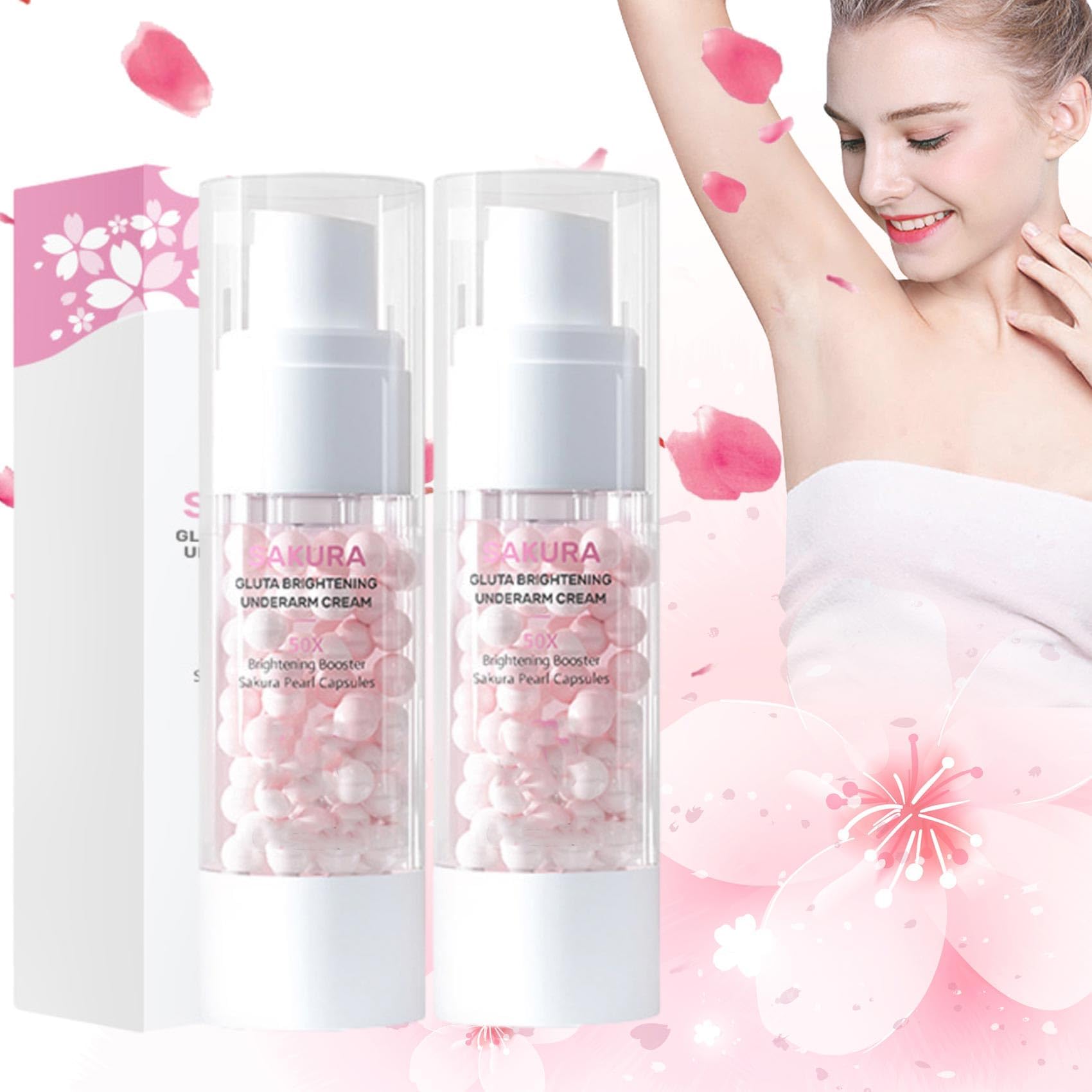 Sakura Gluta Brightening Underarm Cream, Sakura Glutathione Reduce White Skin, Sakura Gluta Whitening Cream, Sakura Pearl Capsule, Underarm Instant Whitening Cream For Private Dark Skin (2 PCS)