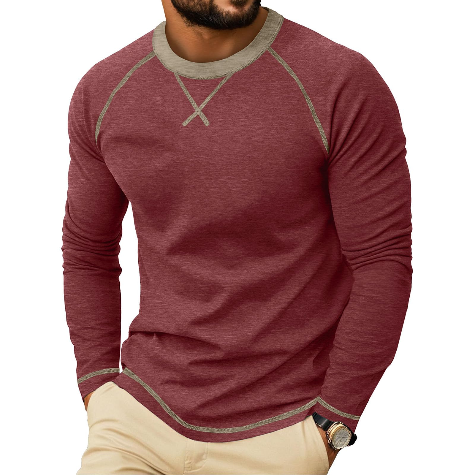 Raglan Long Sleeve Tshirts for Men Casual Pullover Crew Neck Tee T-shirts