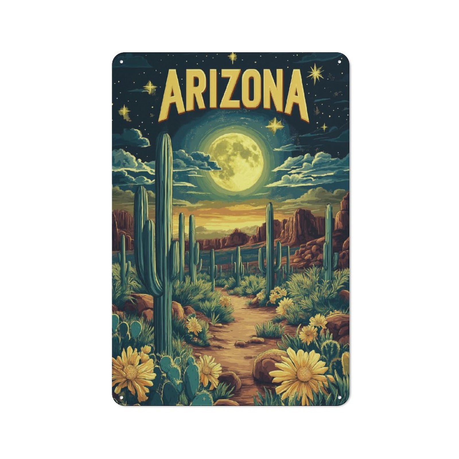 Junmoney Style-1 Vintage Arizona Desert Landscape With Cacti Metal Plaque 30X20cm, Kitchen Wall Decor For Restaurant, Kitchen, Counter Or Breakfast Nook