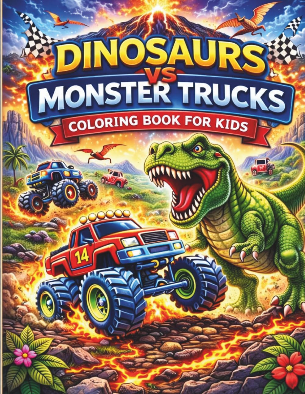 Dino Trucks Coloring Book for Kids Ages 4-8: Fun Dinosaur and Monster Truck Coloring Pages for Boys and Girls