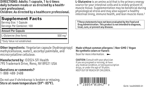 Miniatura 5 de Klaire Labs SFI Health L Cápsulas de glutamina – Suplemento de aminoácidos hipoalergénicos de 500 miligramos – Apoya la función muscular y