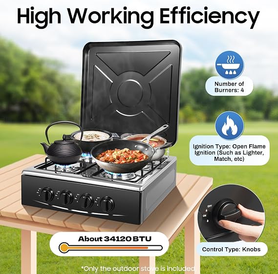 Commercial 4 Burner Gas Cooker, Outdoor 300000 BTU Stove Free Standing Gas Cooktops Kitchen Cooking Stove with Shelf Portable Cooker BBQ Grill Wind Shield (Black)