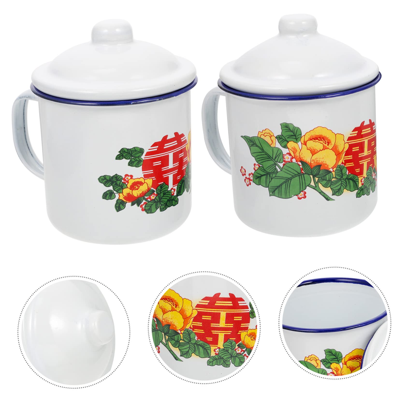 SOIMISS Tazza da Tè Retrò in Smalto 500ml Coperchio, Design Manico Isolante, Lavabile a Ampia Apertura, Set 2 Pezzi per Uso Domestico e Campeggio Stili multipli