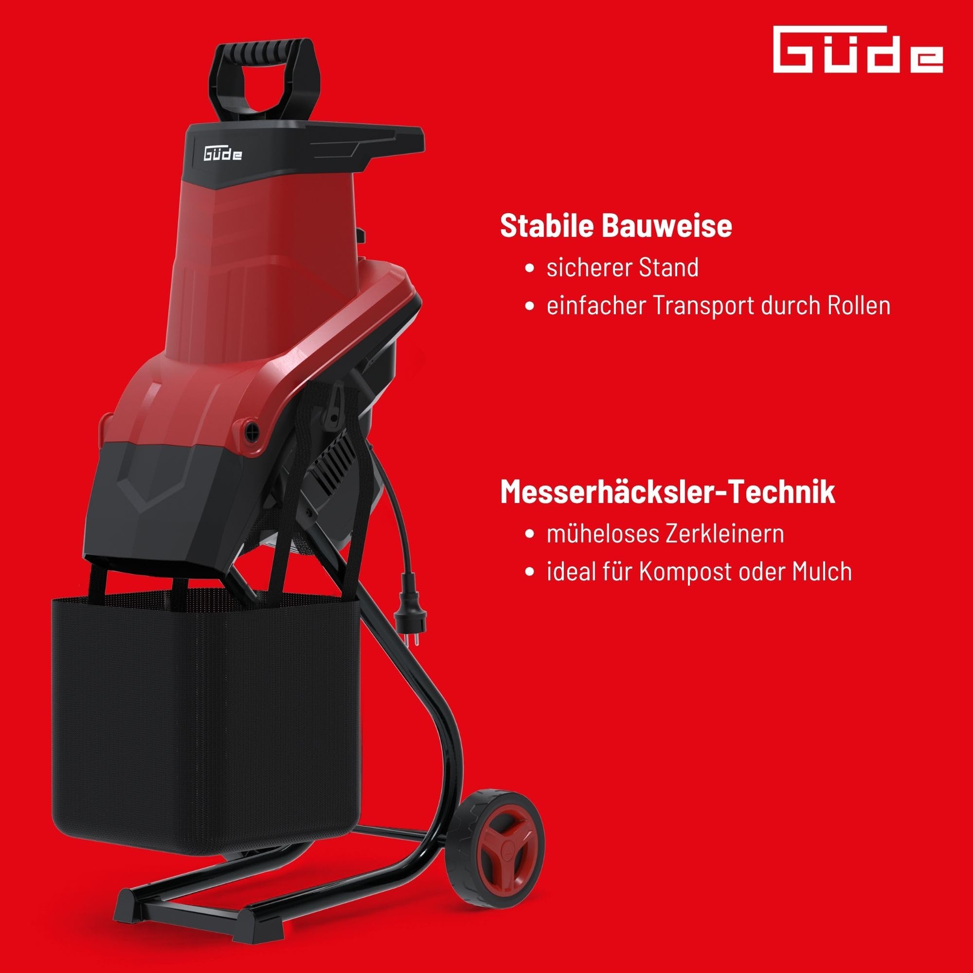 Güde Elektro-Gartenhäcksler GEH 2500, 2500 Watt, 45 mm maximale Aststärke | Messerhäcksler, kraftvolles Zerkleinern von Gartenmaterial, 50 l Fangsackvolumen, Fahrgestell mit zwei Transportrollen