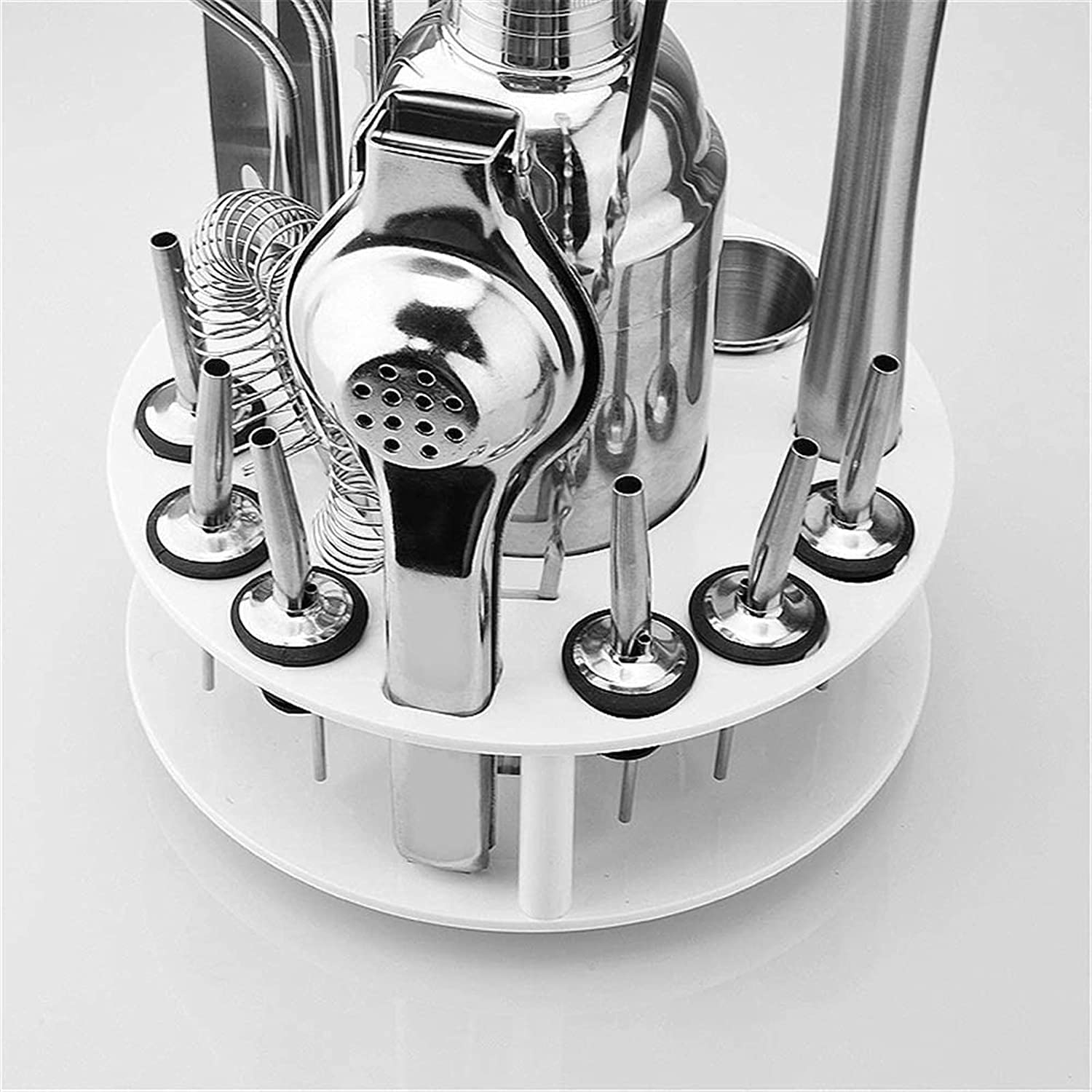 Kit de barman, cocktail de 16 pièces Set outils de barre en acier inoxydable avec support rotatif, moules à shaker, jigger, cuillère, verseurs, muddler, passoire, pinces, bouteilles, ouvre-supp