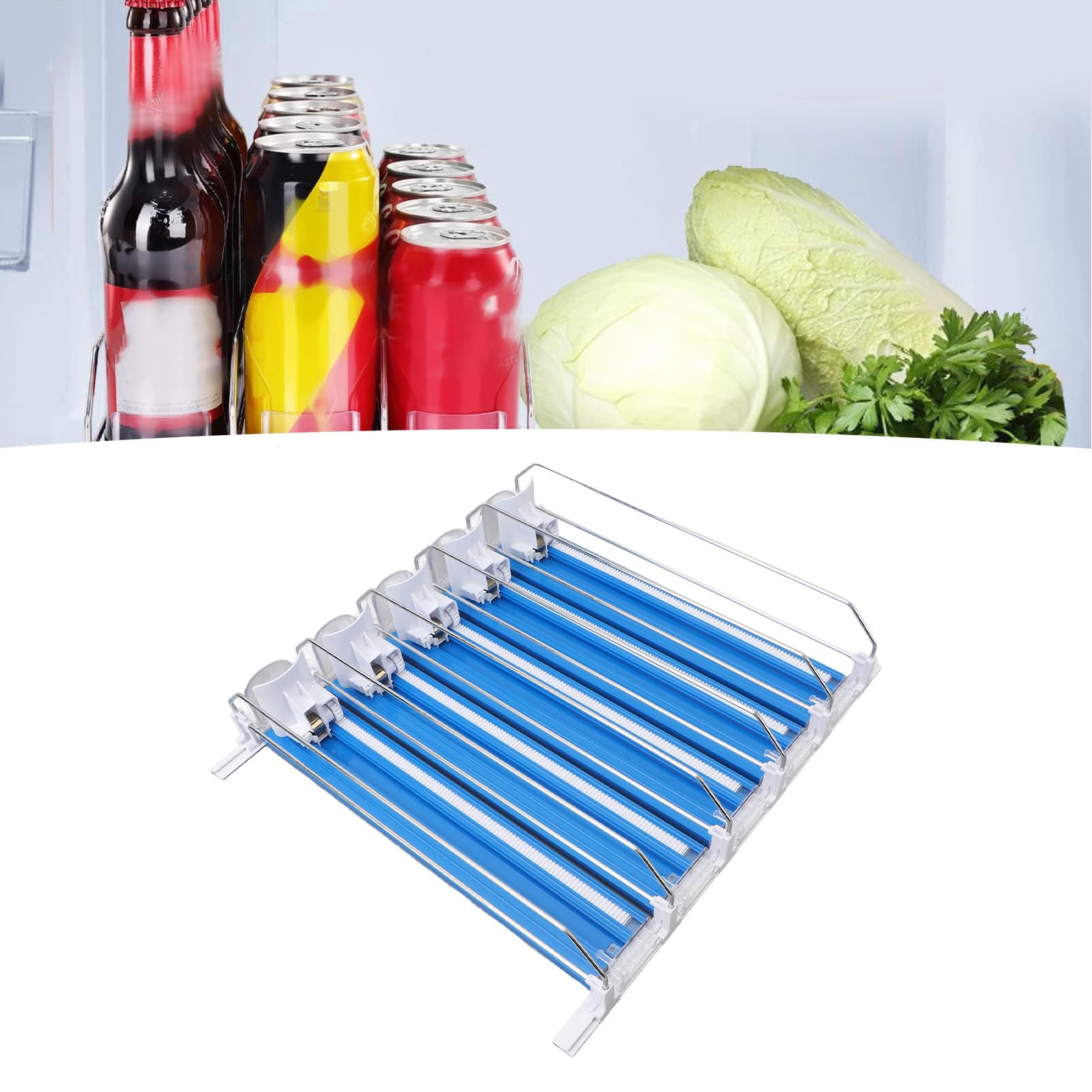 Dispensador de Bebidas para Nevera, Organizador Automático de Bebidas para Nevera, Dispensador Automático de Latas de Soda, Soporte de Bebidas Ajustable para Soda (Azul)