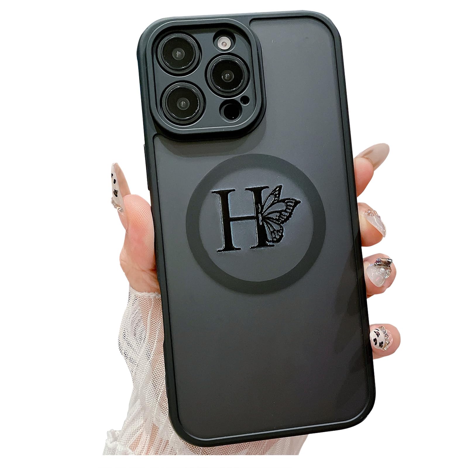 SPOBIT for iPhone 16 Pro Max Case Matte Translucent, Strong Magnetic Compatible with MagSafe, Slim Thin Hard PC Frosted Cover Soft TPU Bumper Phone Case 6.9”- Black (Butterfly Letter H)