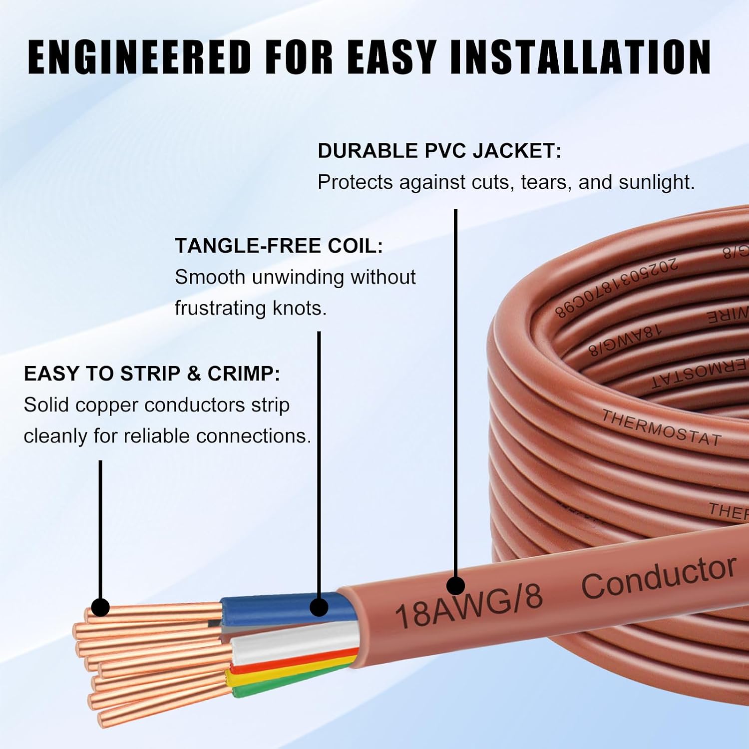 Thermostat Wire 18/8 Gauge 8 Conductor - 10ft, Multi-Conductor Bare Copper Cable, Durable PVC Jacket, Low-Resistance Wiring for HVAC Systems, Thermostats, and Low Voltage Applications