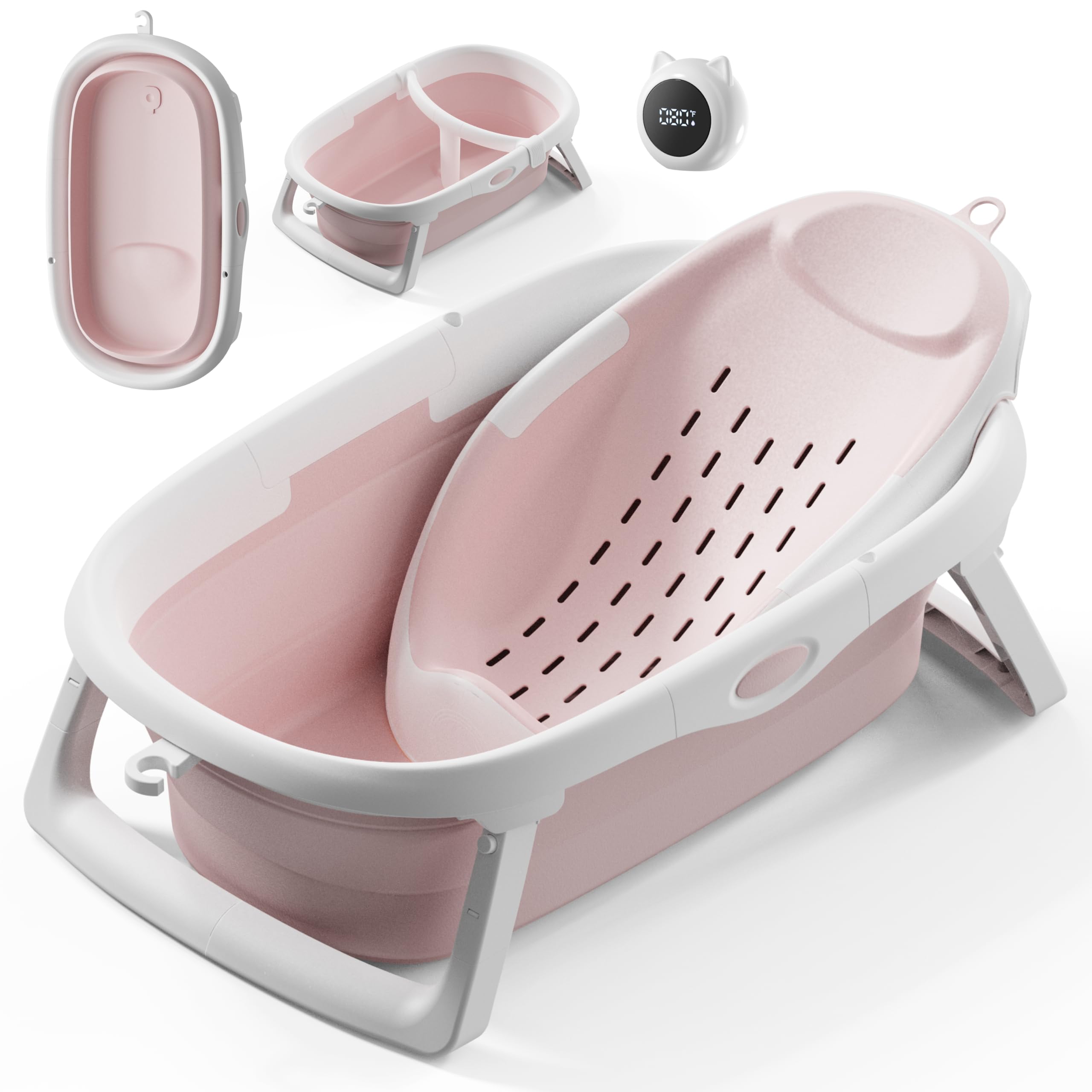 CheerTry 4-in-1 Collapsible Baby Bathtub for Newborn & Toddler 0-24M (Pink)