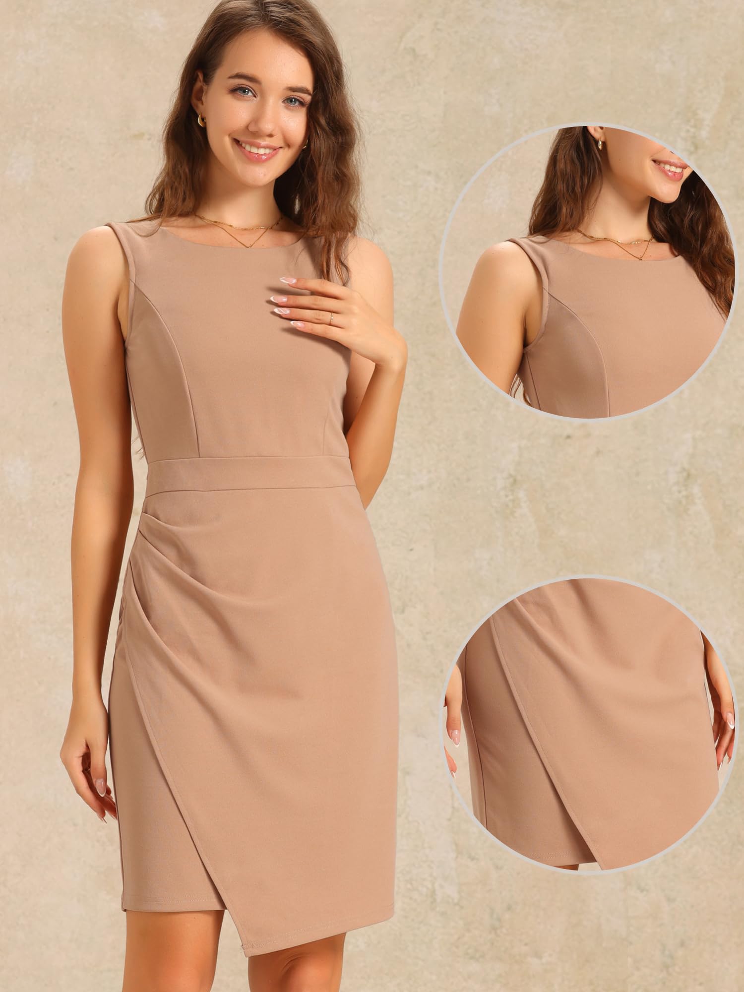 Allegra K Robe Fourreau sans Manches Femme Col Bateau Robe Midi Froncée Moulante Robes de Business et de Bureau