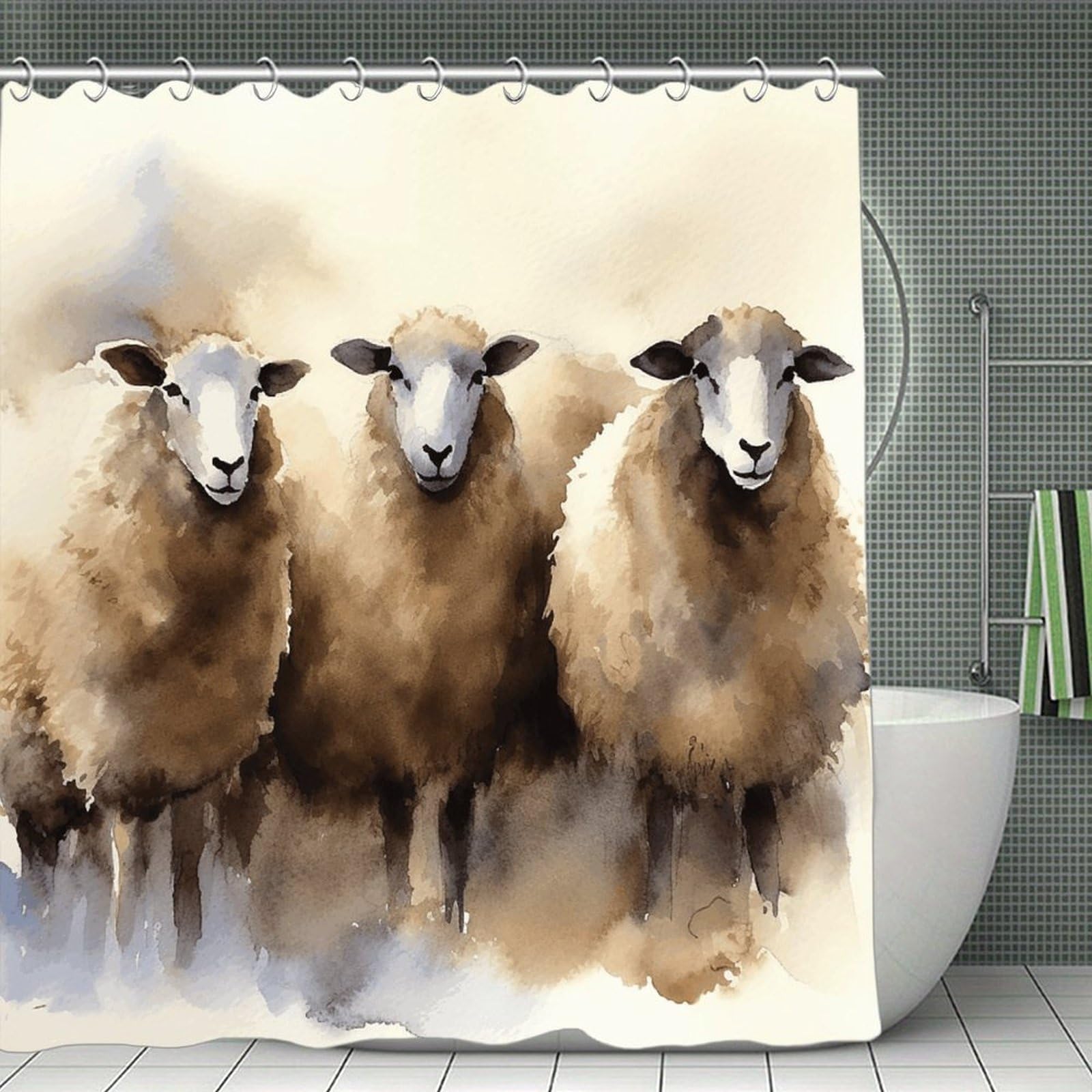 VstaDank Sheeps Watercolor Bath Curtain Elegant Heavy Duty Shower Curtains 70x70 in Rustic Farmhouse Cloth Shower Curtains Neutral Modern Bath Curtain for Bathroom