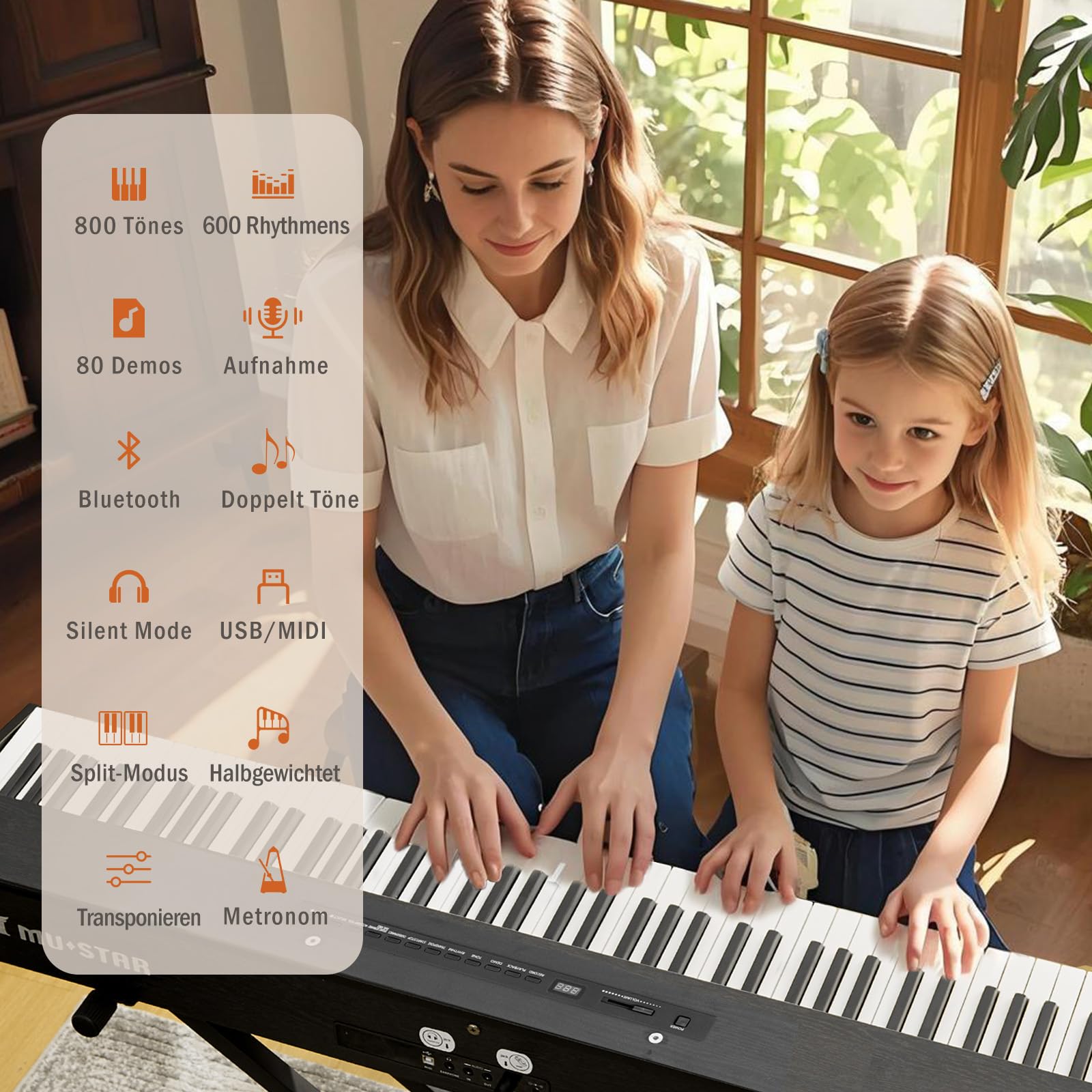 MUSTAR E Piano numérique 88 touches, clavier semi-lesté et Bluetooth, kit portable avec pédale de sustain, support de clavier et sac de transport (noir et banc de piano)