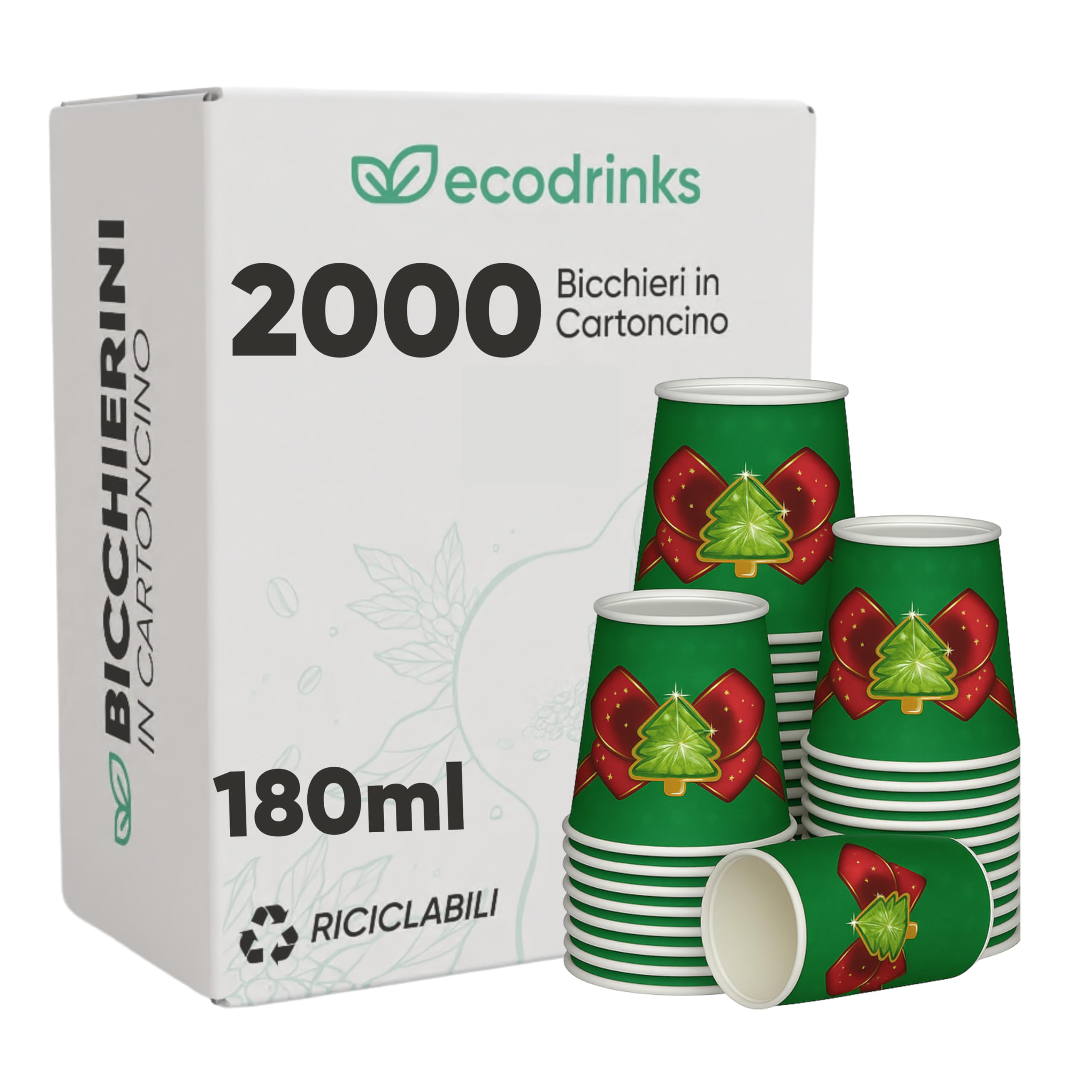 ecodrinks - 2000 Bicchieri di Natale in Carta da 180ml - Set Bicchieri Natalizi Monouso per Bevande Calde/Fredde - Biodegradabili, Eco-friendly e Made in Italy