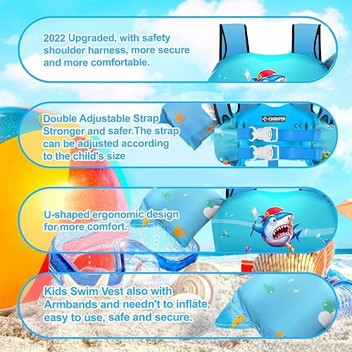 Miniatura 144 de Chriffer Chaleco salvavidas para niños de 22 a 66 libras, flotadores con arnés de hombro y alas de brazo para bebés de 2, 3, 4, 5, 6, 7 años