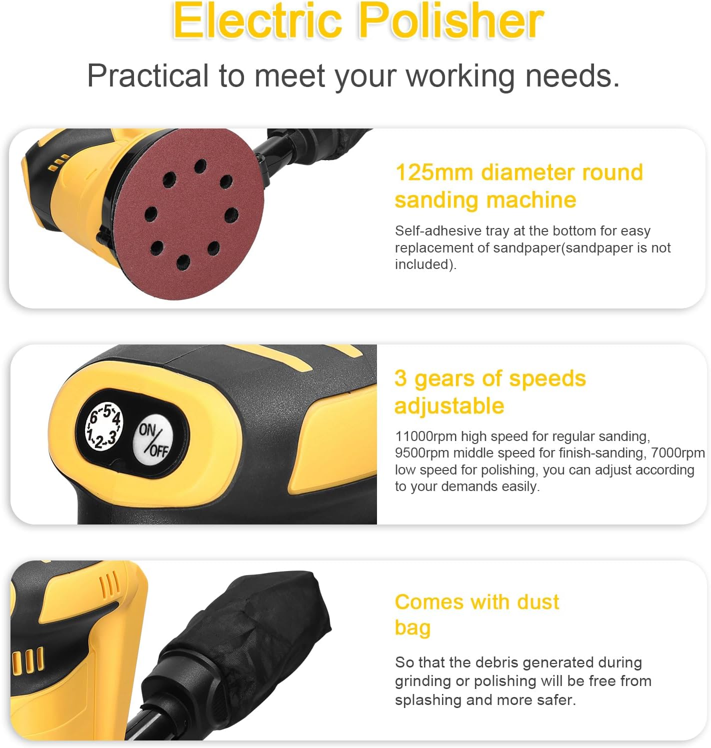 125mm Brushless Motor Cordless Orbital Sander Wood Grind Tool Electric Car Polisher Wood Metal Waxing Polishing Grinding Sanding Machine 6 Speed Adjustable Orbital Sander