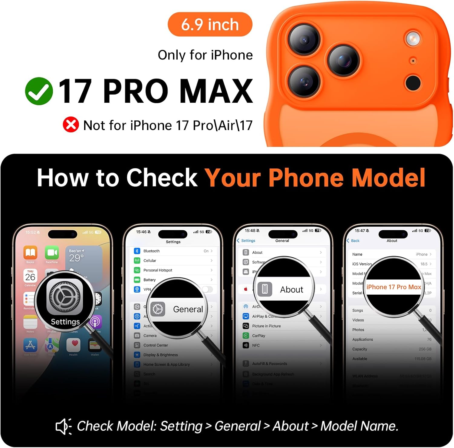 3 in 1 Magnetic for iPhone 17 Pro Max Case, Cute Wavy [Full Camera Protection][Fit for MagSafe] 1X Screen Protector 1X Wrist Strap, Anti-Slip Trendy Women Girly Case for iPhone 17 Pro Max 6.9, Orange
