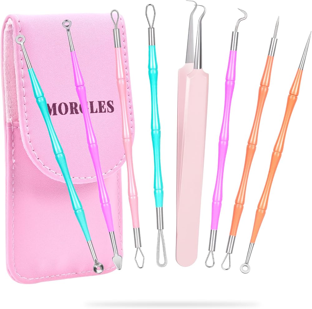 Pimple Popper Tool Kit, MORGLES 14-Heads Acne Zit Popper Extraction Tools | Professional Stainless Blemish Kit with Leather Case, Dual-Tip Extractors for Nose & Facial Grooming, Daily Spot Care