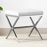 Duhome Modern White PU Leather Vanity Stool with Metal X Legs - Padded Ottoman Bench for Makeup Room, Bedroom & Living Room