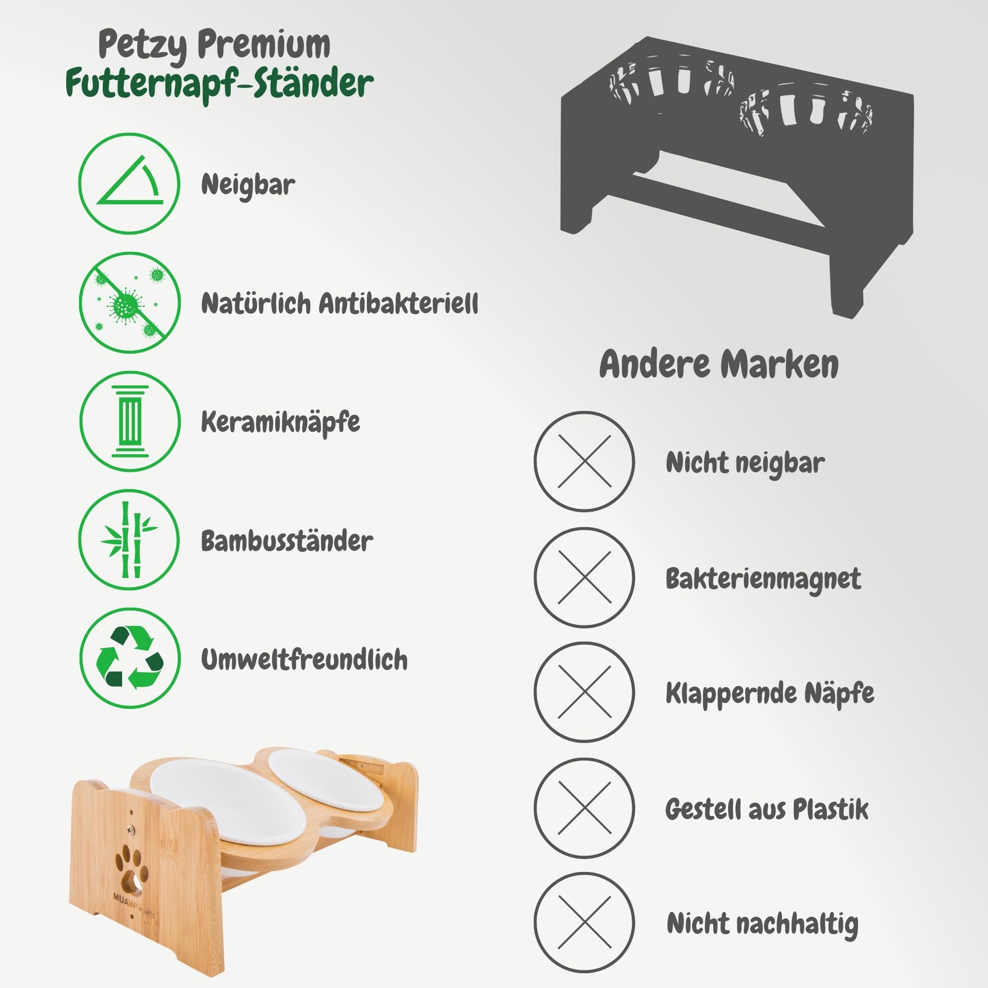 Petzy Premium Keramik-Hundenapf, höhenverstellbarer Katzennapf, 350 ml pro Napf. Ideal für kleine Hunde, mit Rutschfester Unterlage und Futternapf aus Bambus.