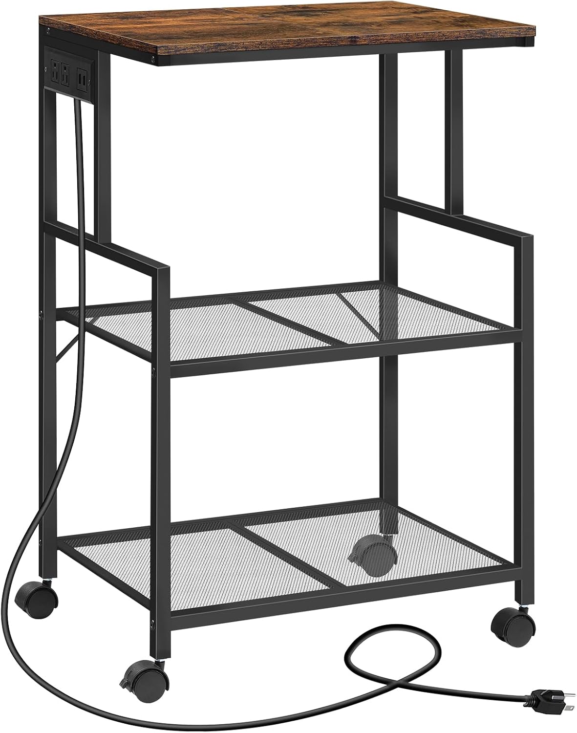 MAHANCRIS 3-Tier Rolling Printer Stand with Power Outlets & 2 USB Ports - Mobile Industrial Cart for Home Office Kitchen, Rustic Brown