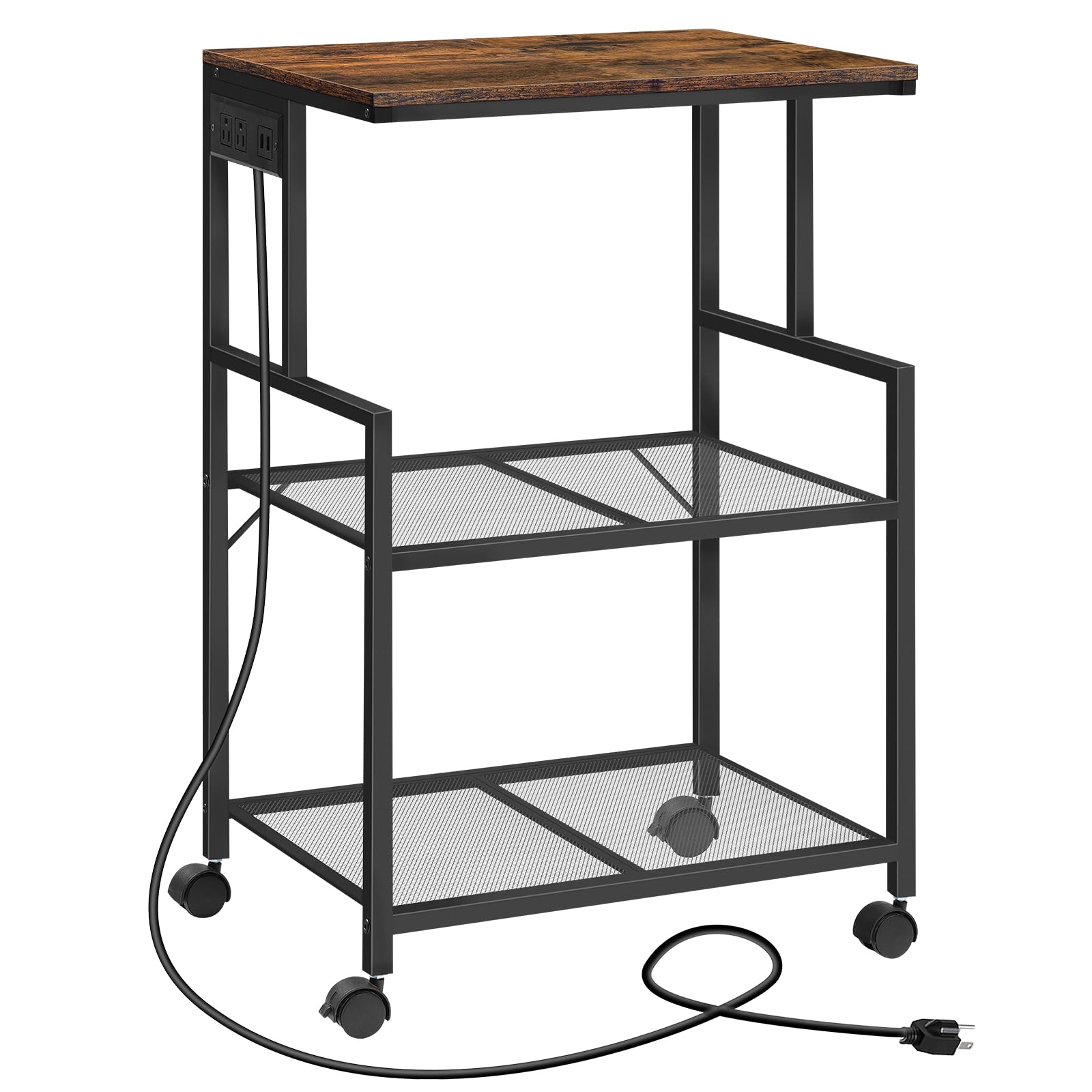 MAHANCRIS Mobile Printer Stand, 3-Tier Industrial Printer Cart with Power Outlets and 2 USB Ports, Rolling Printer Table on Wheels for Home Offices