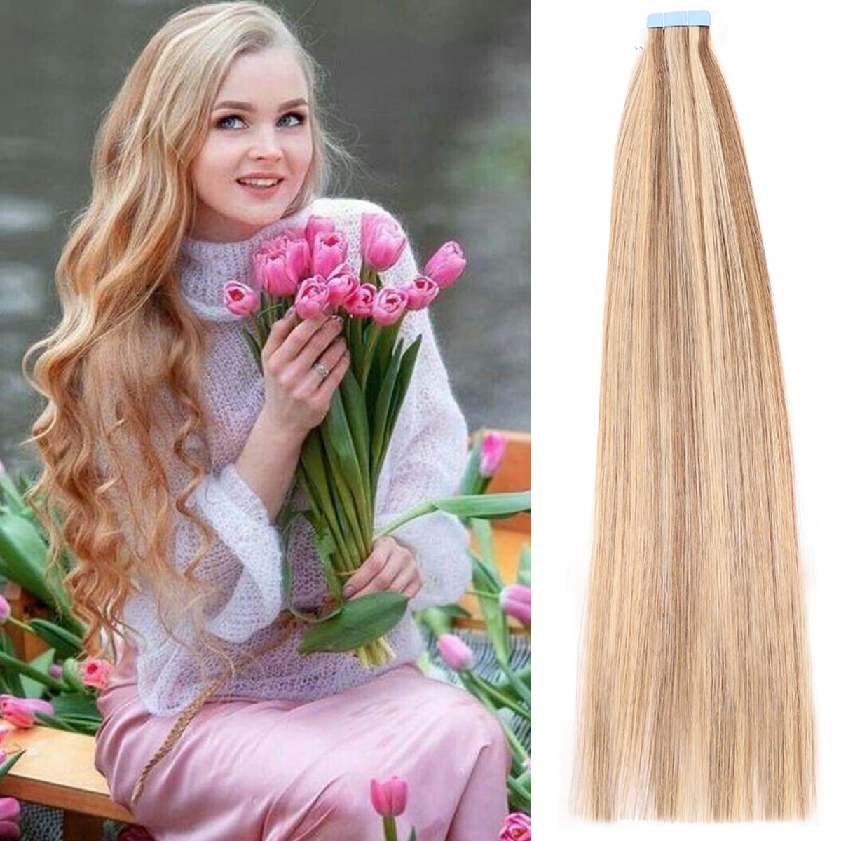 Dressmaker Tape in Hair Extensions Real Human Hair Piano Color 10#-613# 18 Inch 20Pcs 50g/Pack Silky Straight Seamless Skin Weft Tape Hair Extensions