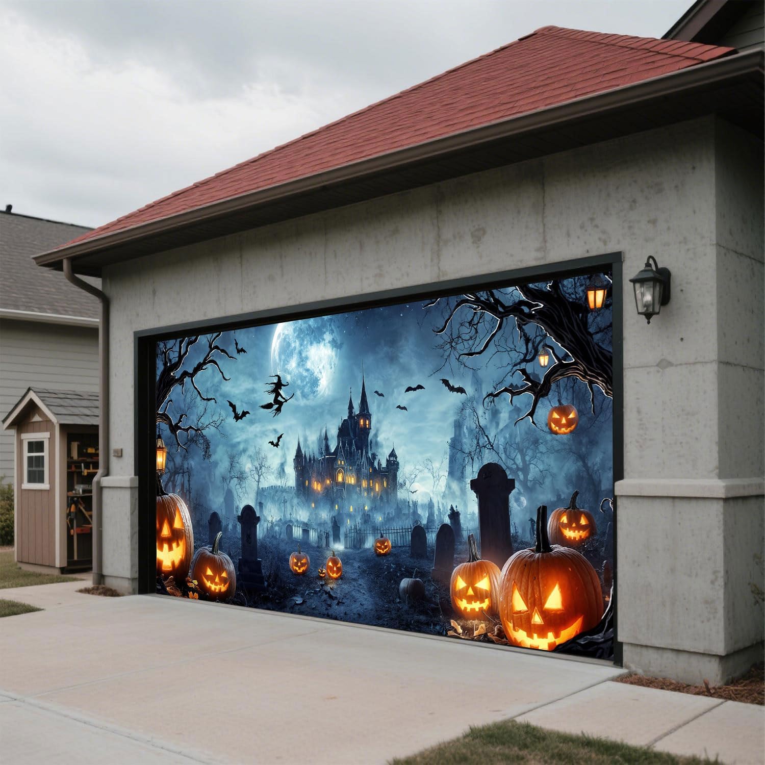 16x7FT Halloween Garage Door Cover Large Hanging Banner Spooky Forest Pumpkin Photography Background for Party Decorations Outdoor Holiday Portrait Photo Booth