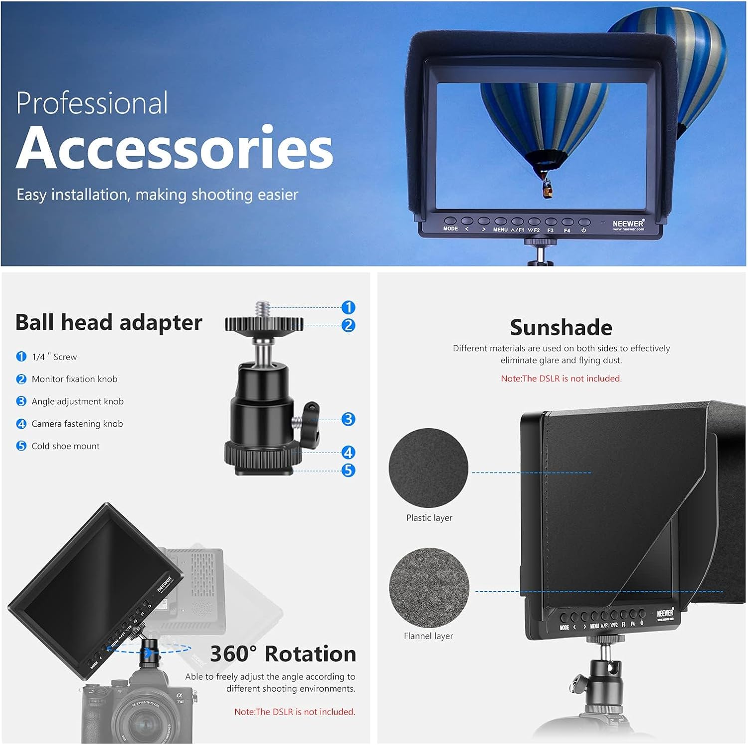 NEEWER F100 7 inch Camera Field Monitor Updated Version, 450nit HD Video Assist IPS 1280x800 HDMI 1080p Peak Focus Histogram, Sunshade for DSLRs Handheld Stabilizer Film Making Rig, NO Battery