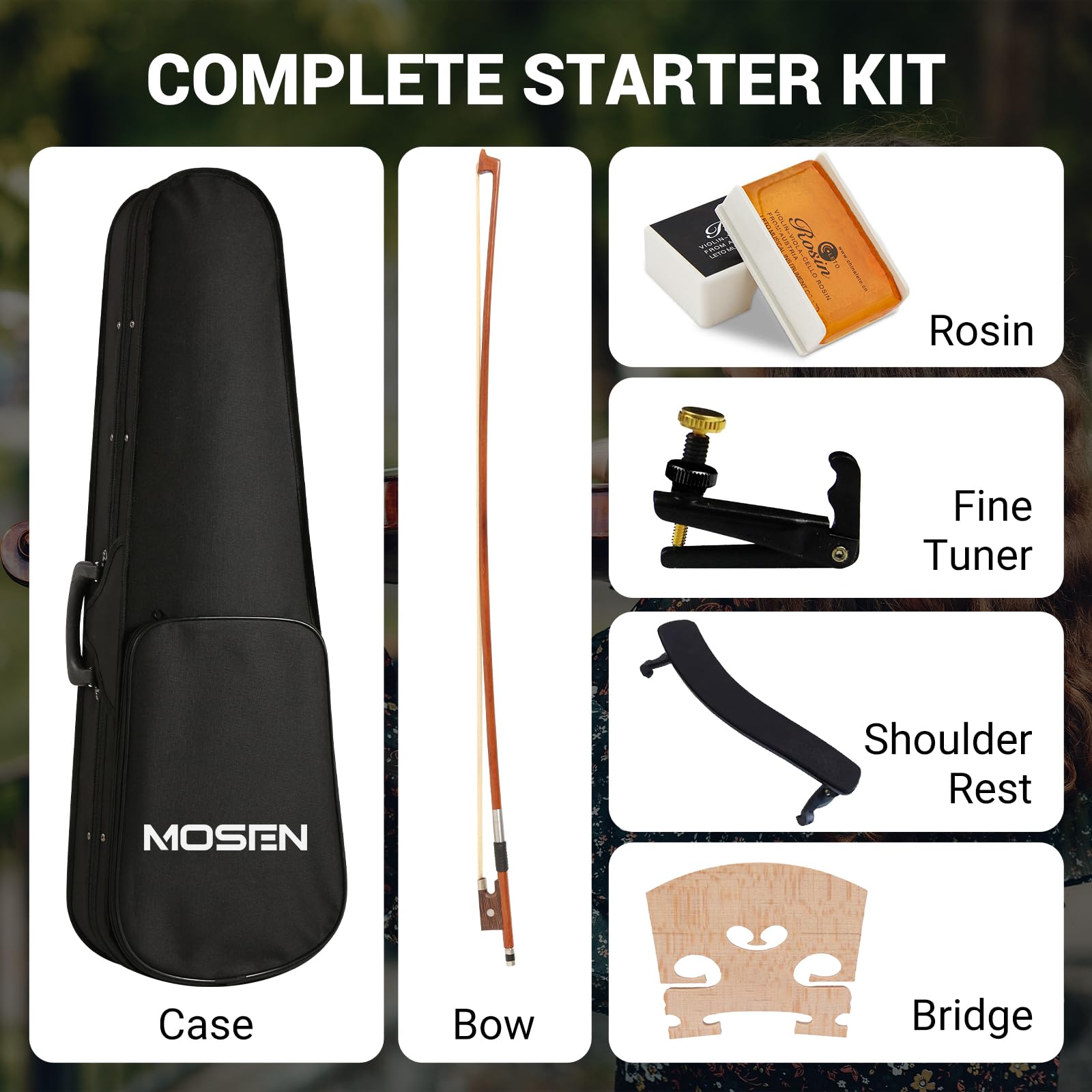 MOSEN 4/4 Full Size Massivholz Violine Violine Set für Anfänger mit Violinkoffer