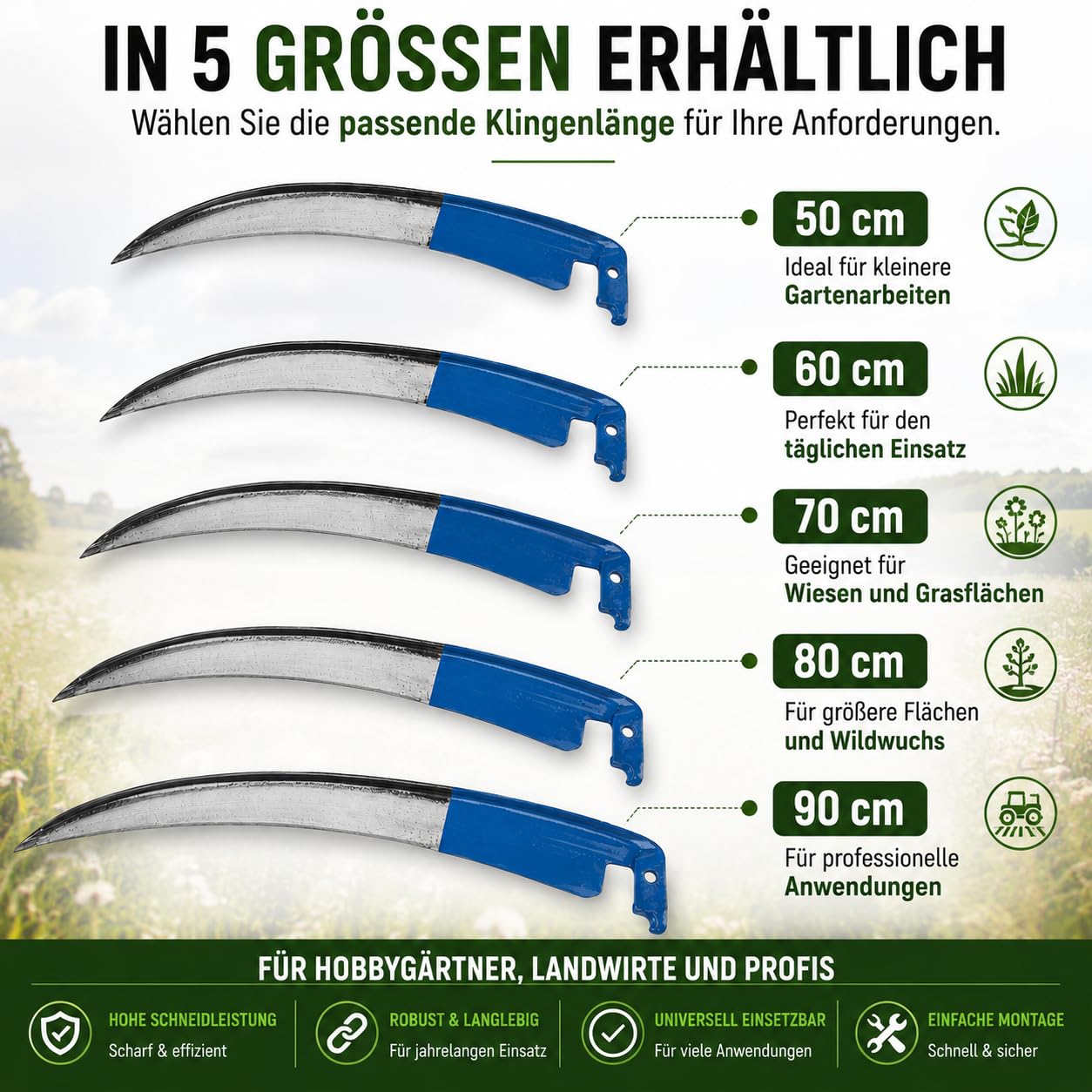 Sense ohne Stil Sägezahngras Wildwuchssense 50/60/70/80/90 cm, Sensensichel für Mähen von Gras Getreide, Unkraut, Handsense, Gartensense Waldsense Unkraut, Sense für Garten (50 cm)