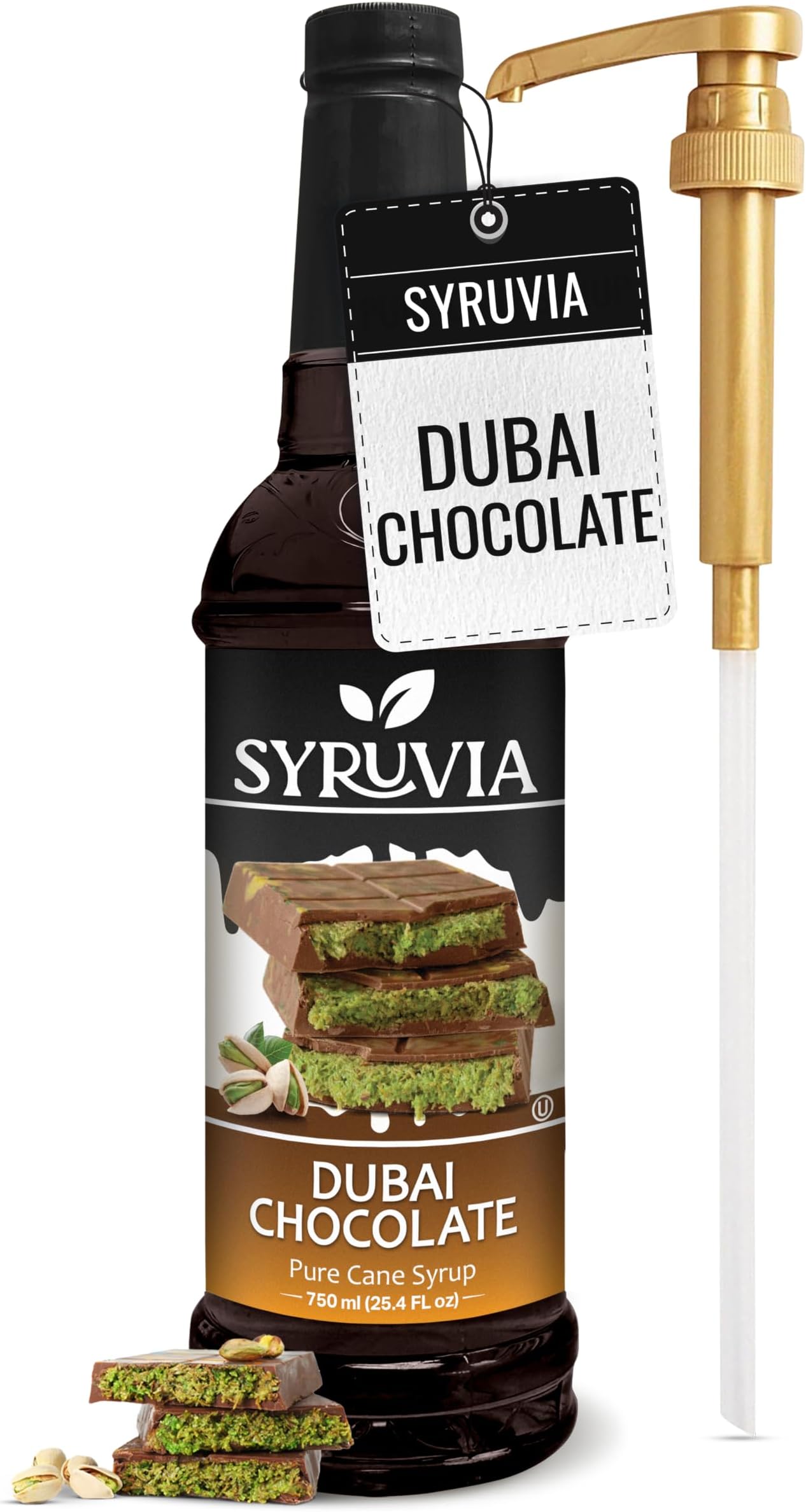 Syruvia Coffee Syrup, Dubai Chocolate Flavored Syrup for Drinks, Lattes, and Desserts – 25.4 fl oz - with Pump