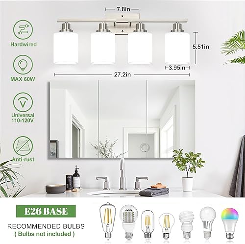 Miniatura 6 de Lámpara de tocador de 4 luces con tonos blancos lechosos, accesorios de iluminación de baño de níquel cepillado sobre el espejo, lámpara de pared