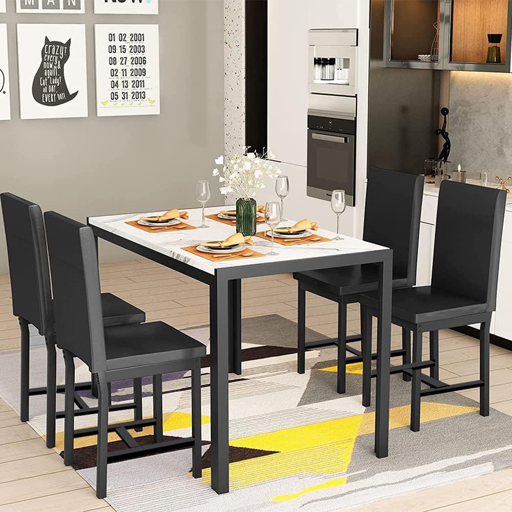MOOSENG 5 Pieces Dining Table Set for 4 People with Faux Marble Desk and 4 Leather Chairs, Compact Design for Kitchen, Breakfast Nook, Restaurant, White (New)