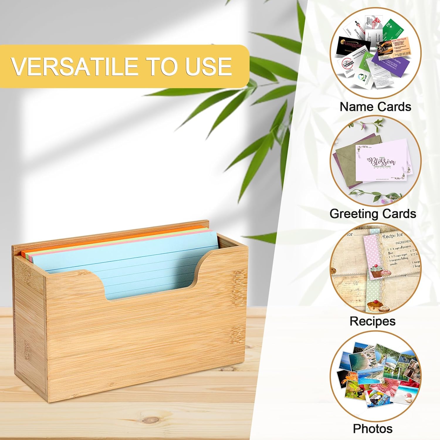 BTSKY 2 PACK Bamboo Index Card Display Stand, 5 x 8 Inch Index Card Storage Rack Rustic Notecard Case, Coupons Greeting Cards Storage - Sturdy Desk Card Organizer Box for Office Home Photos & Receipts