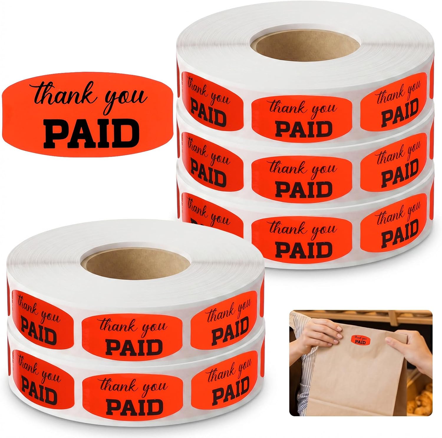 5000 Pcs Self Adhesive Thank You Paid Stickers, 0.75 x 1.5 Inch Fluorescent Orange Retail Labels, Bright Paid Stickers for Business, Supermarkets, and Shops (5 Rolls Bulk Pack)