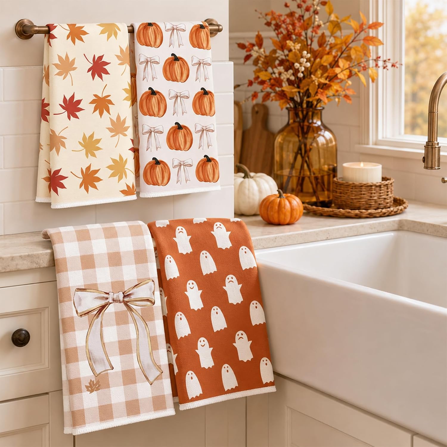 AnyDesign 4 Pack Fall Halloween Kitchen Towels for Bathroom 18 x 26 Inch