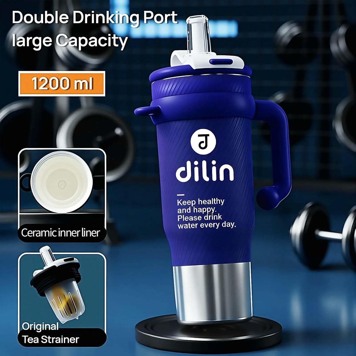 dilin 1 Pack 40 oz Insulated Tumbler with Handle & Straw Lid – Leak-Proof, Flowstate 3-Position Lid, BPA-Free, Cup Holder Friendly | Home, Gym, Travel (Blue-Ceramic Inner Pot) - Image 6