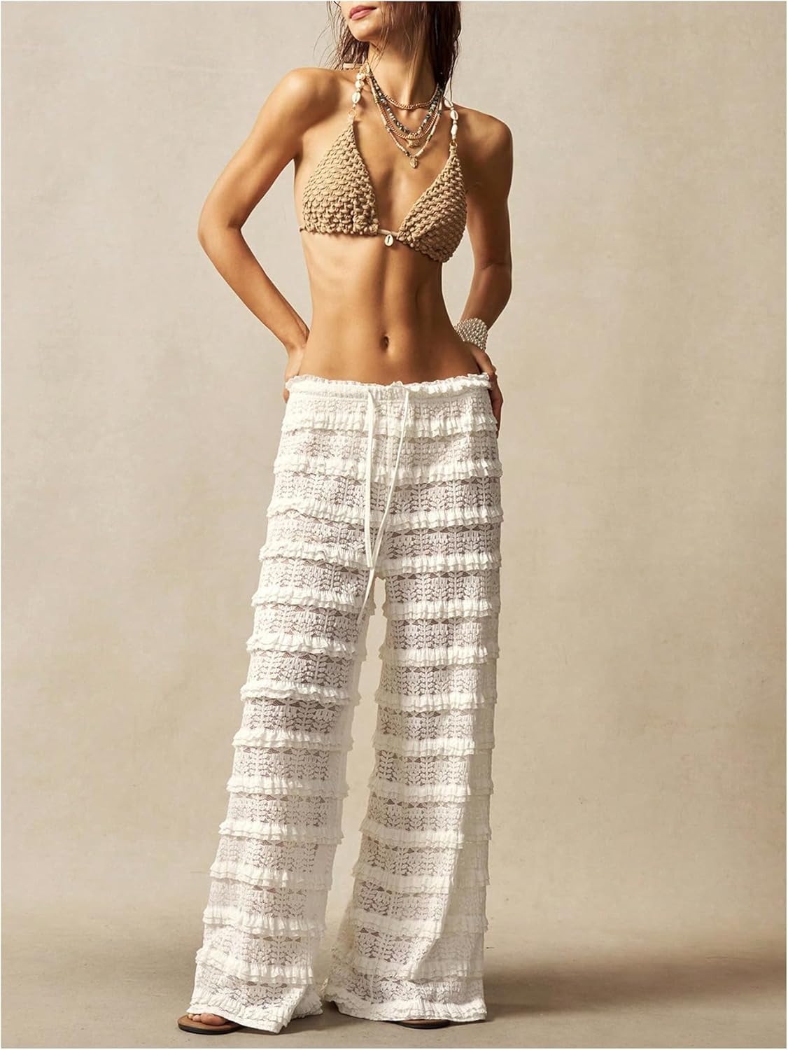 Women's Crochet Lace Pants Ruffle Layered Elastic Waist Mesh Bathing Suit Cover Up Beach Pants - Image 5
